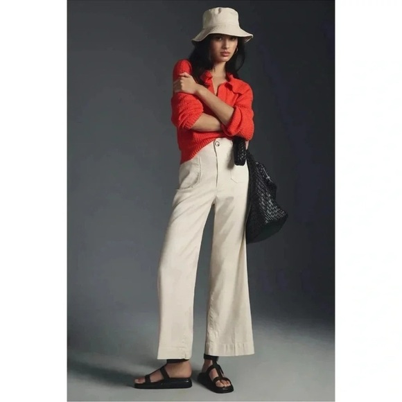 Anthropologie Maeve The Colette Linen Cropped Wide Leg Pants Cream 26 - Picture 9 of 12